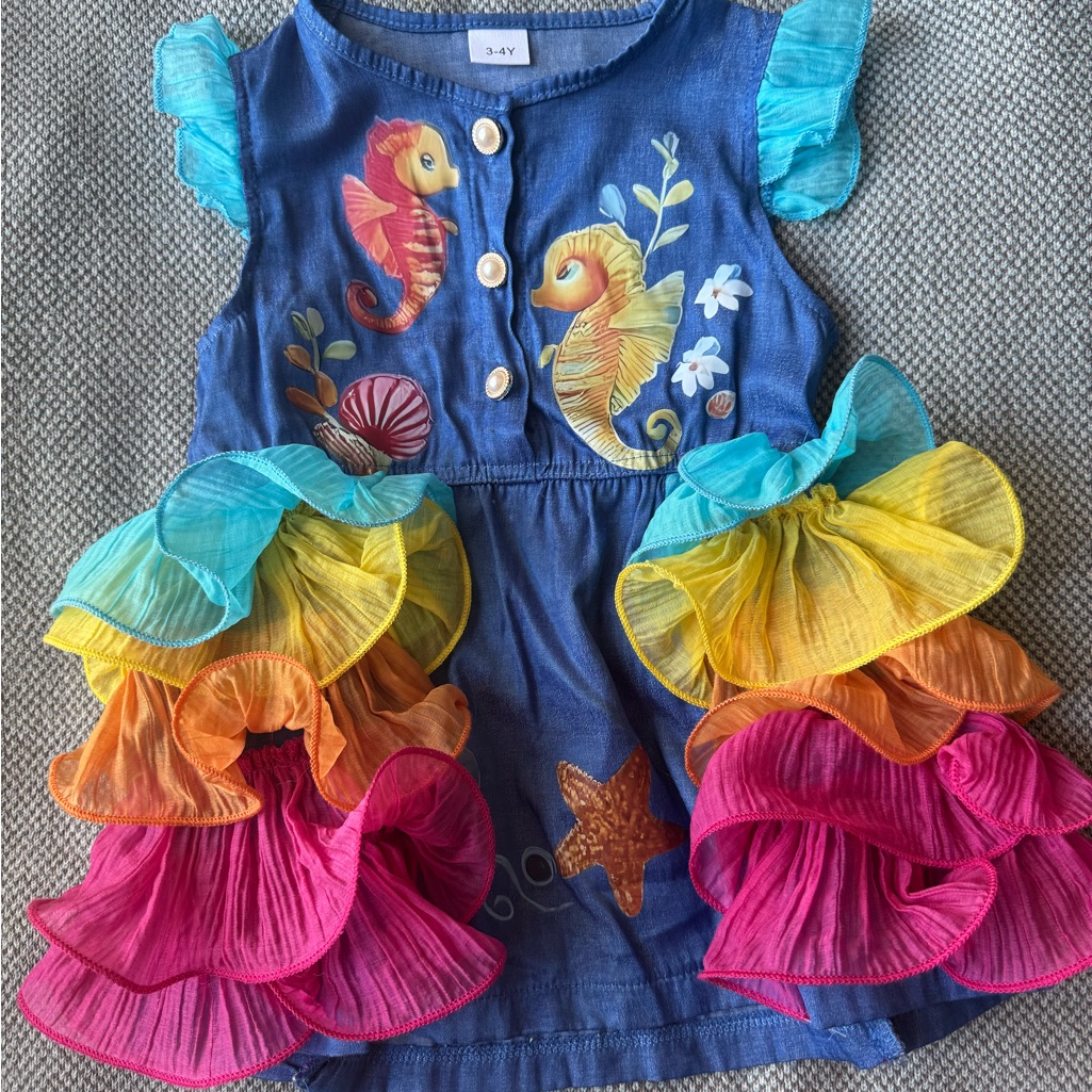 Blue Seahorse Ruffle Kids Dress - Multicolor Accents
